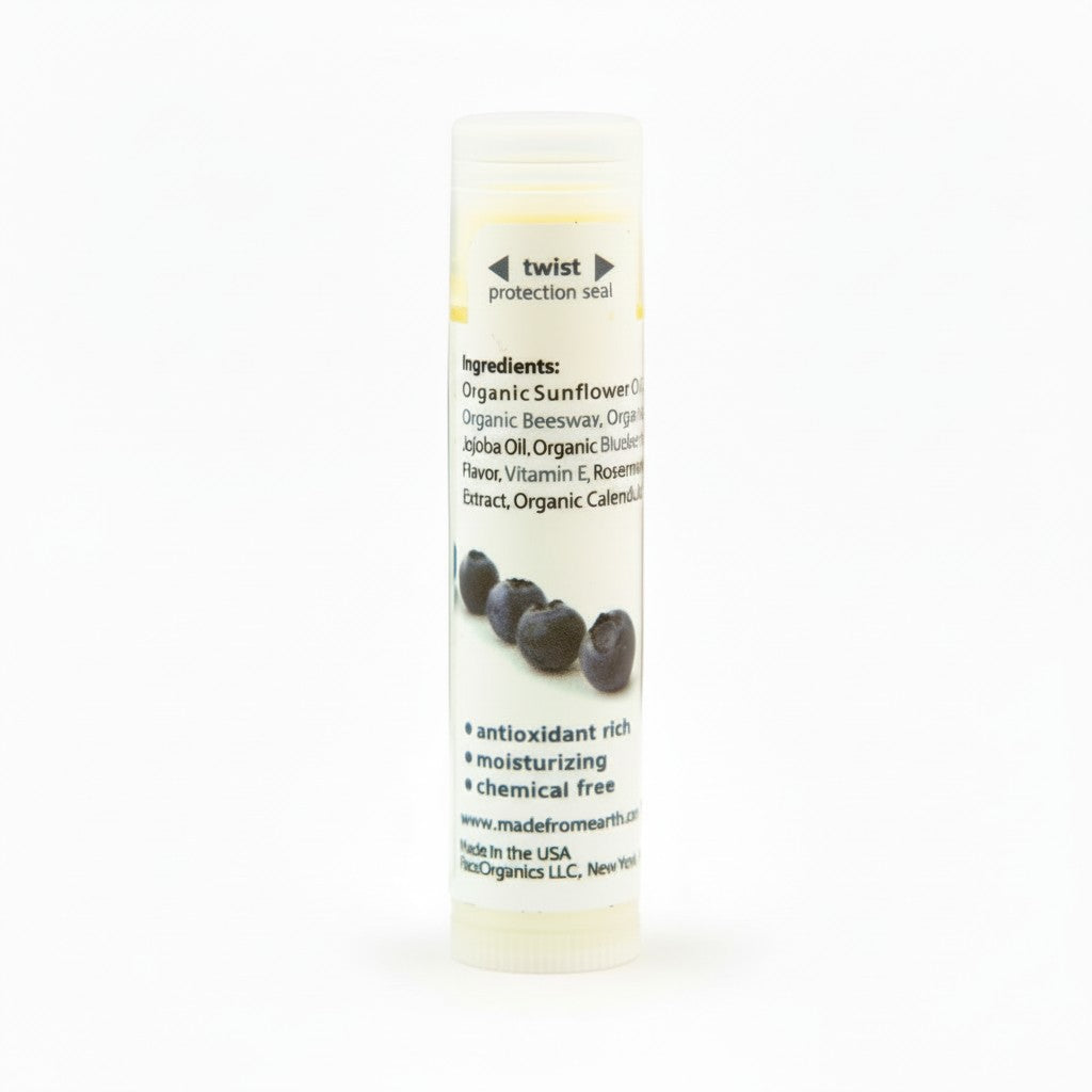 Made from Earth Blueberry Lip Balm tube close-up showing natural lip care product