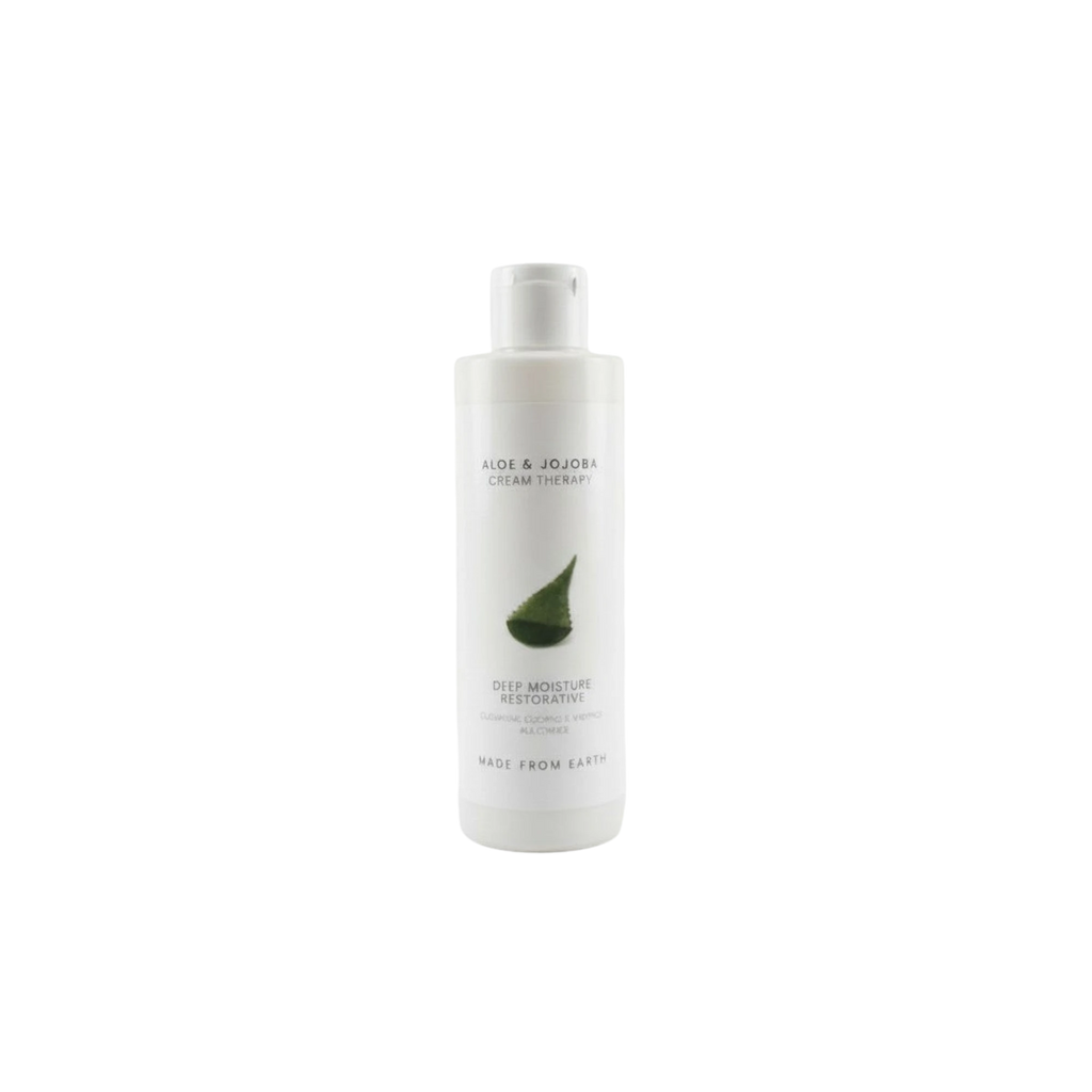 Made from Earth Aloe & Jojoba Cream Therapy Deep Moisture Restorative lotion bottle with aloe leaf graphic.