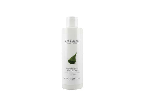 Made from Earth Aloe & Jojoba Cream Therapy Deep Moisture Restorative lotion in a white bottle with green aloe leaf graphic.