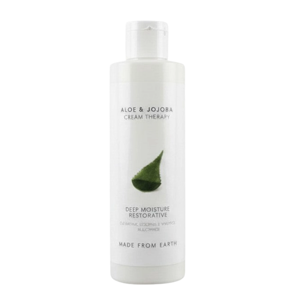 Made from Earth Aloe & Jojoba Cream Therapy Deep Moisture Restorative lotion in a white bottle with green aloe leaf graphic.