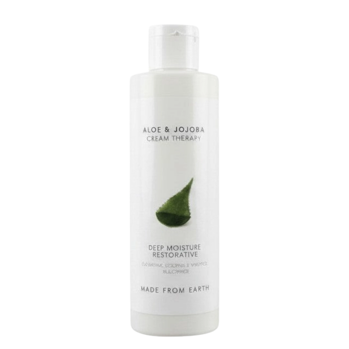 Made from Earth Aloe & Jojoba Cream Therapy Deep Moisture Restorative lotion in a white bottle with green aloe leaf graphic.