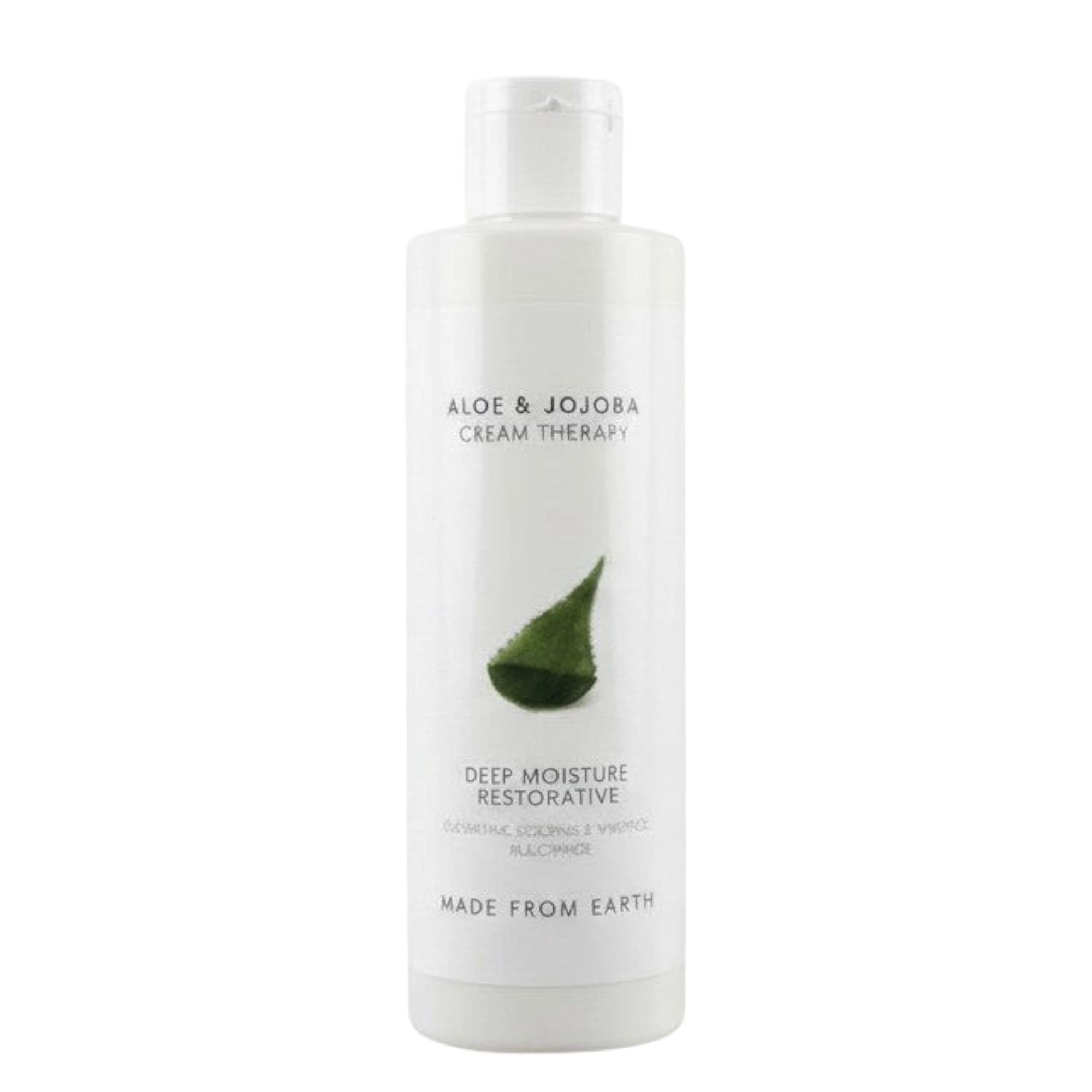 Made from Earth Aloe & Jojoba Cream Therapy Deep Moisture Restorative lotion in a white bottle with green aloe leaf graphic.