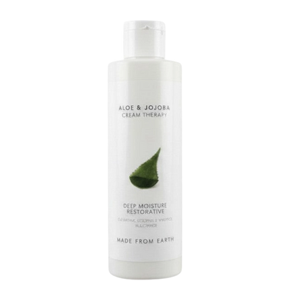 Made from Earth Aloe & Jojoba Cream Therapy Deep Moisture Restorative lotion in a white bottle with green aloe leaf graphic.