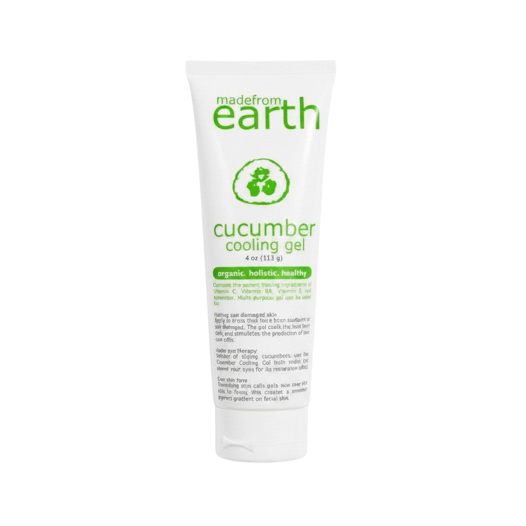 Made from Earth Cucumber Cooling Gel, a 4 oz tube of organic, holistic, healthy gel with cucumber extract and aloe vera for hydration and cooling relief.