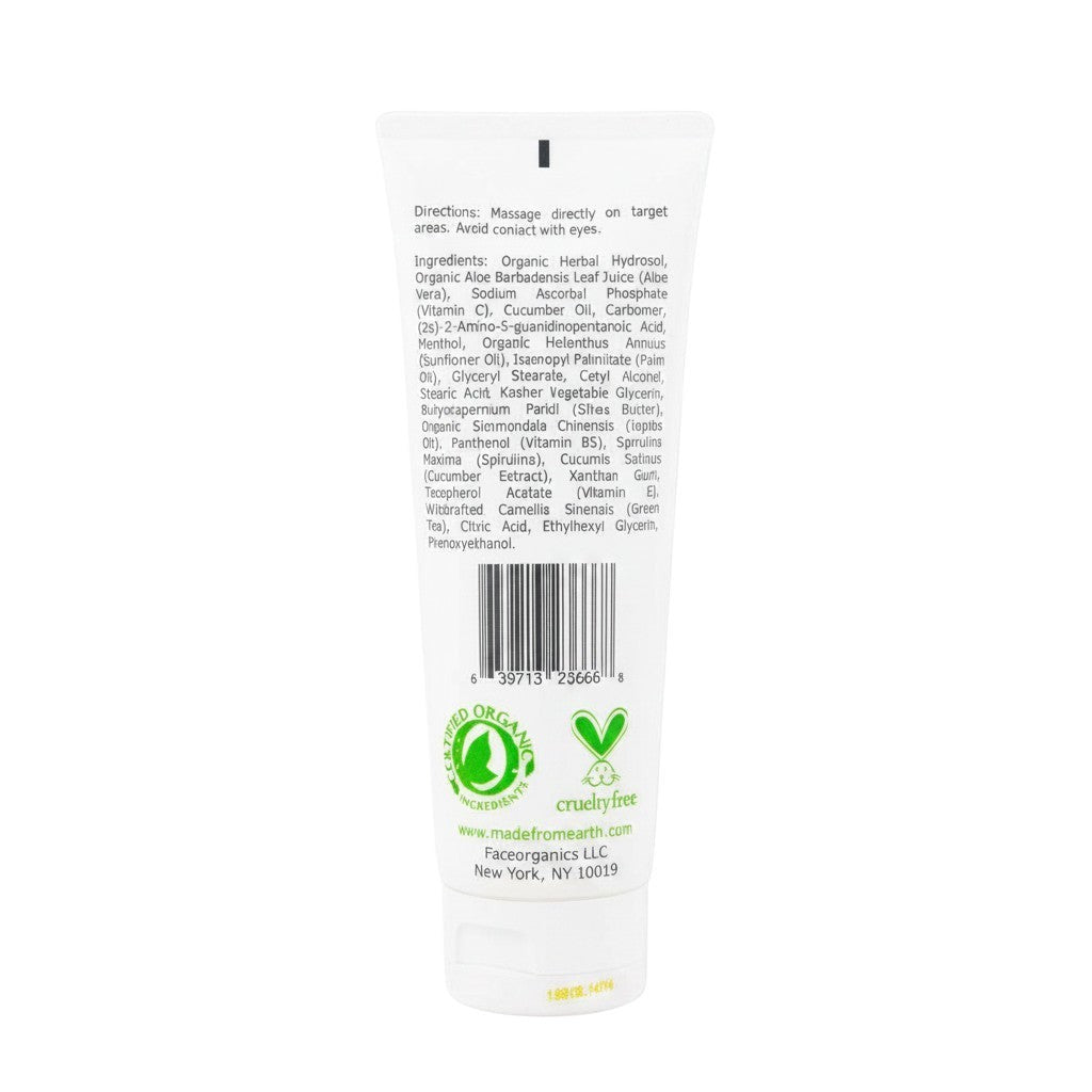 Made from Earth Cucumber Cooling Gel tube with ingredients and directions listed. Organic and cruelty-free certified.