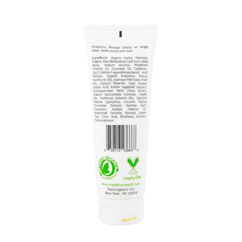 Made from Earth Cucumber Cooling Gel tube with ingredients and directions listed. Organic and cruelty-free certified.