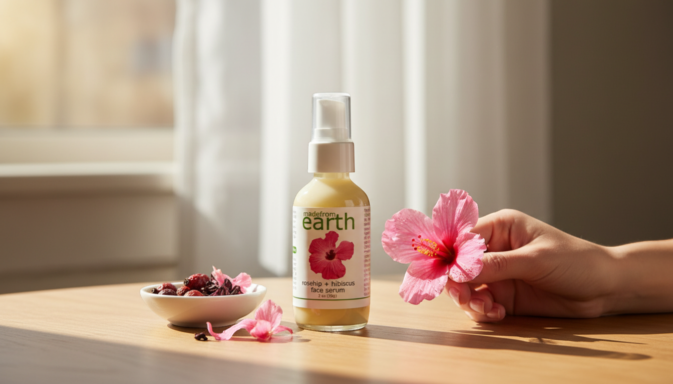 Made from Earth Rosehip + Hibiscus Face Serum for soft, smooth, sensitive skin. Moisturizing serum with hibiscus flower.