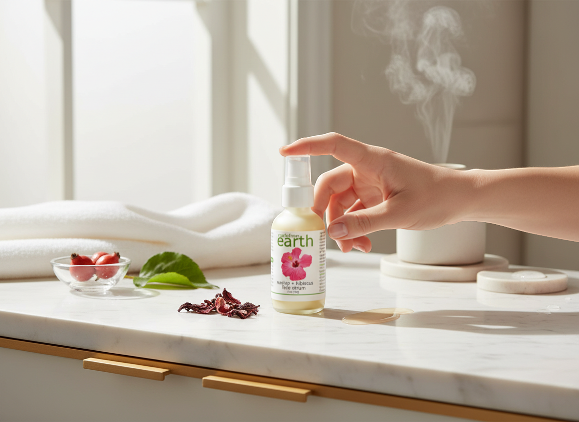 Made from Earth Rosehip + Hibiscus Face Serum for soft, smooth, sensitive skin. Moisturizing serum calms and hydrates.