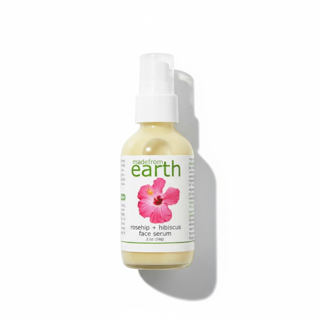 Made from Earth Rosehip + Hibiscus Face Serum for soft, smooth, sensitive skin. Moisturizing serum calms and hydrates.