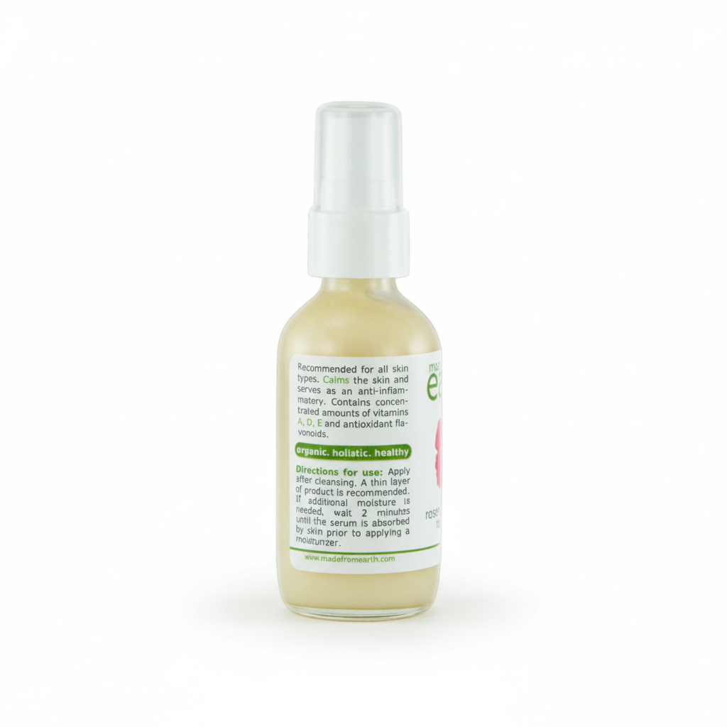 Made from Earth Rosehip + Hibiscus Facial Serum for soft, smooth, sensitive skin. Moisturizing, calming, and hydrating.