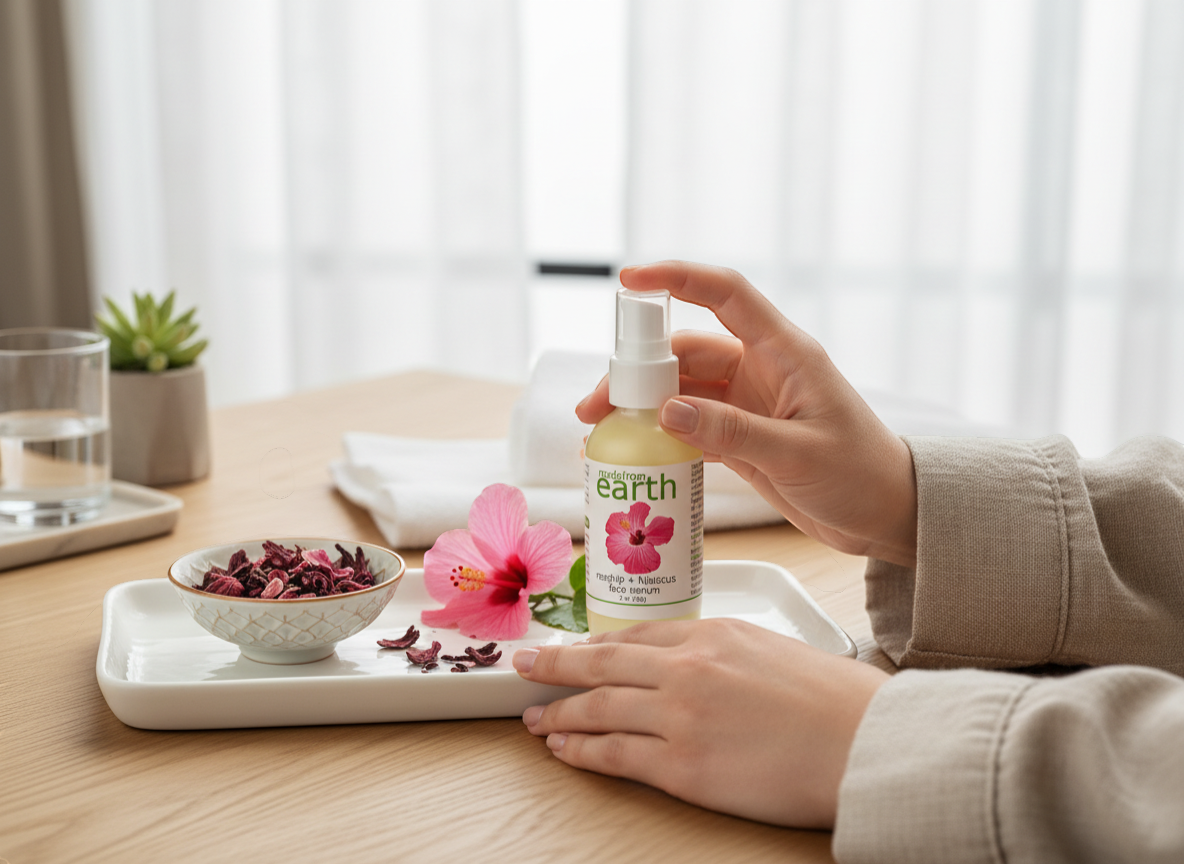 Made from Earth Rosehip + Hibiscus Facial Serum for soft, smooth, sensitive skin. Moisturizing serum with hibiscus flower.