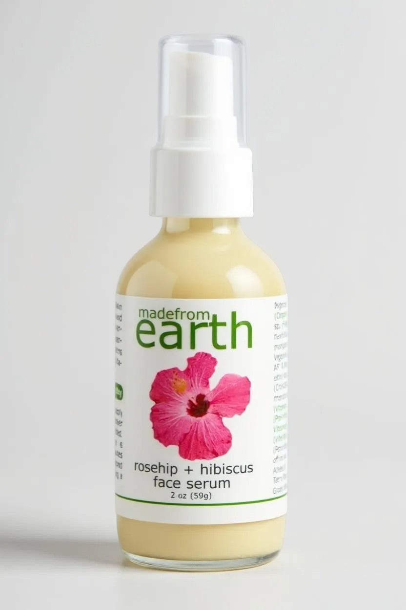 Made from Earth Rosehip + Hibiscus Facial Serum, a moisturizing serum for soft, smooth, sensitive skin. 2 oz.