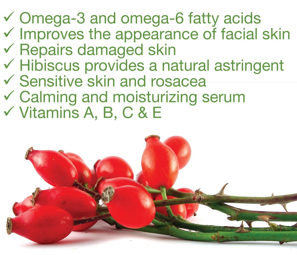 Made from Earth Rosehip + Hibiscus Facial Serum for soft, smooth, sensitive skin. Moisturizing, calming, with omega-3, omega-6, Vitamin C.