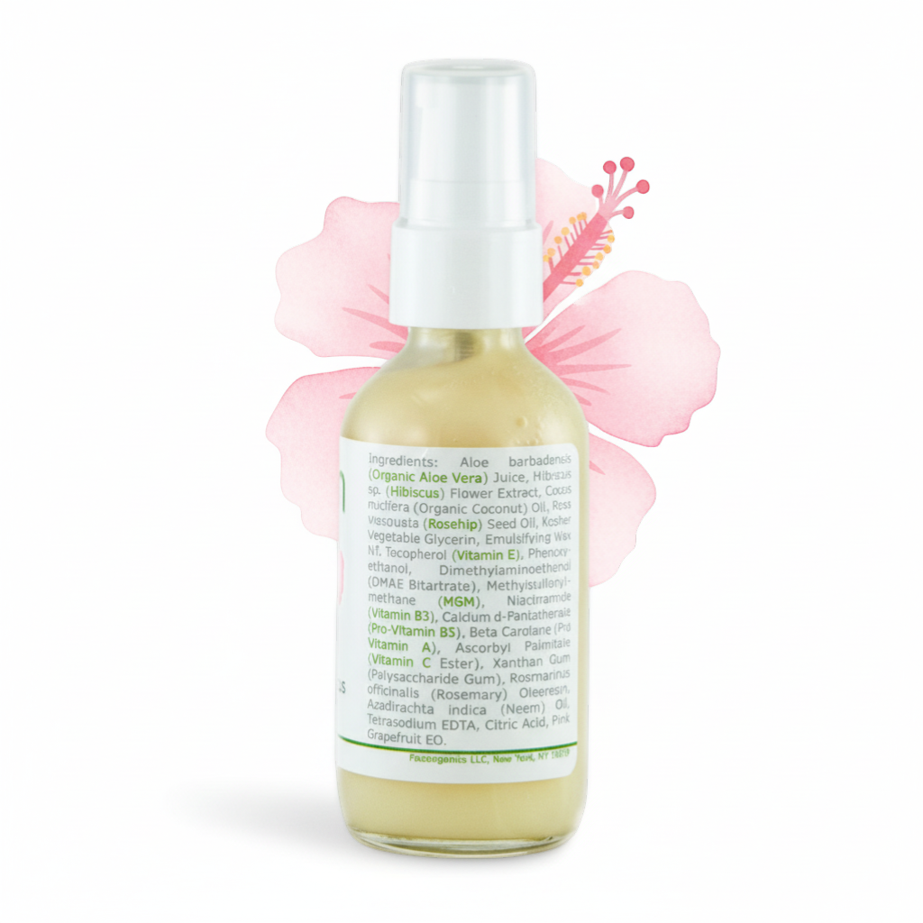 Made from Earth Rosehip + Hibiscus Facial Serum for soft, smooth, sensitive skin. Moisturizing serum with aloe vera and hibiscus.