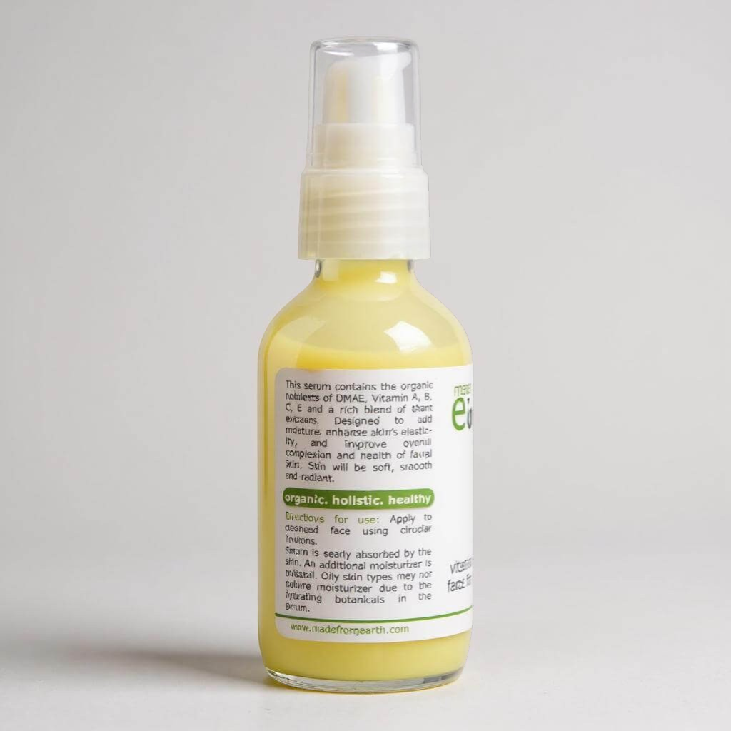 Made from Earth Vitamin Enhanced Face Firming Serum with DMAE, Vitamins A, B, C, E, and alpha lipoic acid. Yellow serum in a pump bottle.