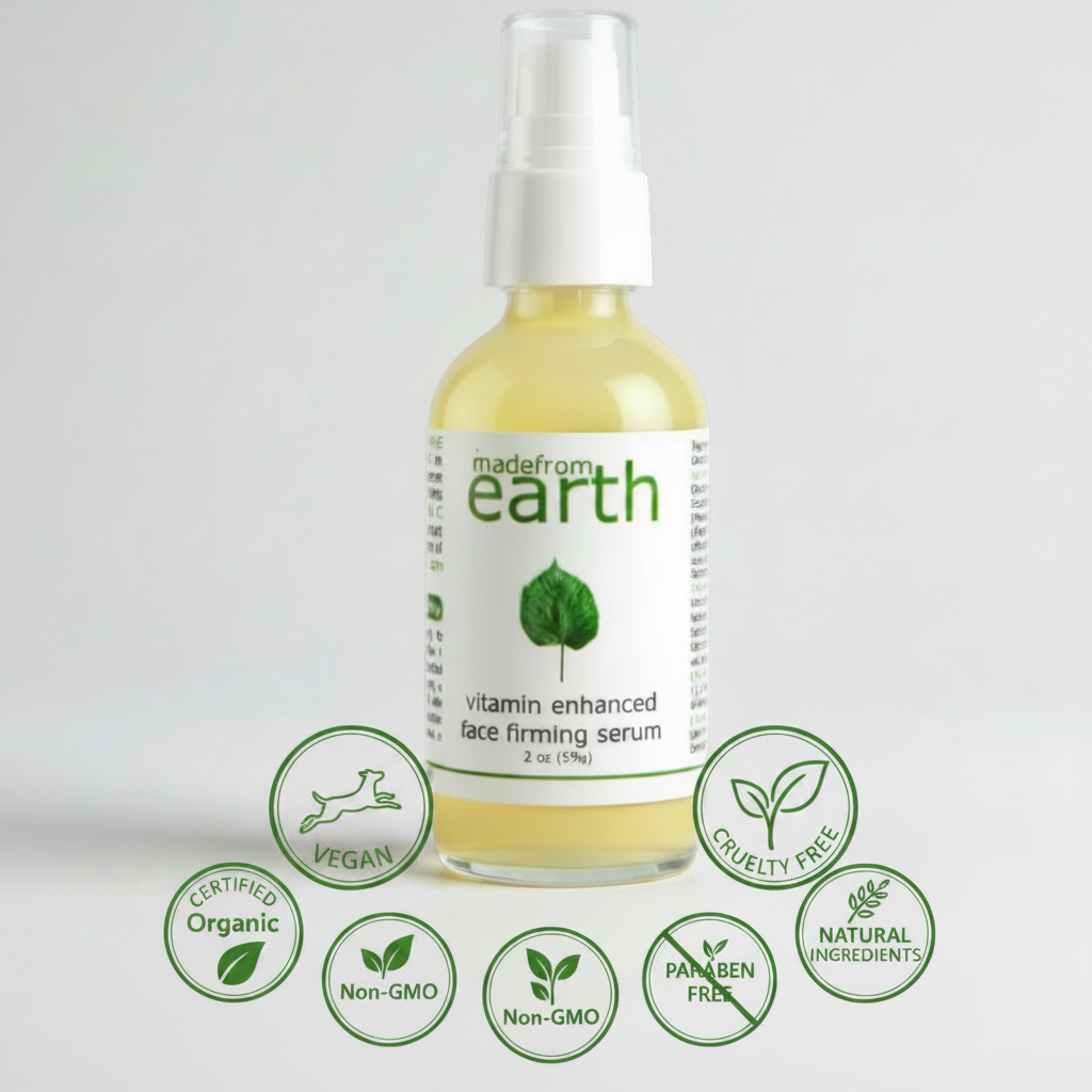 Made from Earth Vitamin Enhanced Face Firming Serum with organic vitamins and botanicals, 2 oz bottle.