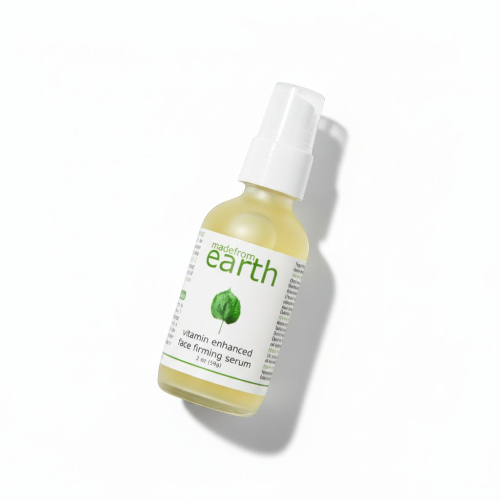 Made from Earth Vitamin Enhanced Face Firming Serum, a clear serum in a pump bottle with a green leaf logo.