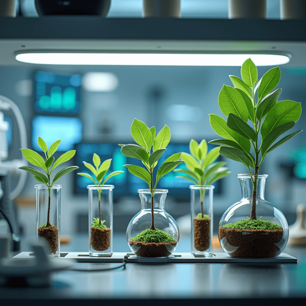 test tubes and lab beekers growing tea tree